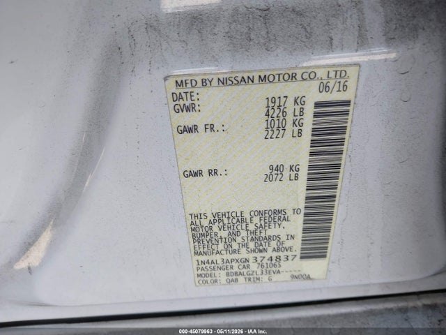 1N4AL3APXGN374837 Nissan Altima 2.5/2.5 S/2.5 Sl/2.5 Sr/2.5 Sv