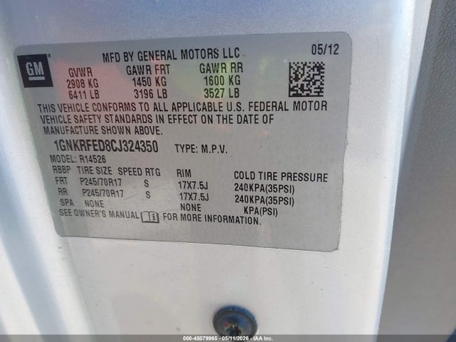 Aukcja sprzedaży 2012 Chevrolet Traverse Ls, vin: 1GNKRFED8CJ324350, numer aukcji: 45079965