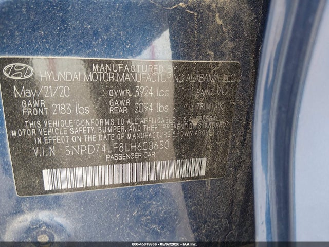 Aukcja sprzedaży 2020 Hyundai Elantra Se, vin: 5NPD74LF8LH600650, numer aukcji: 45079966