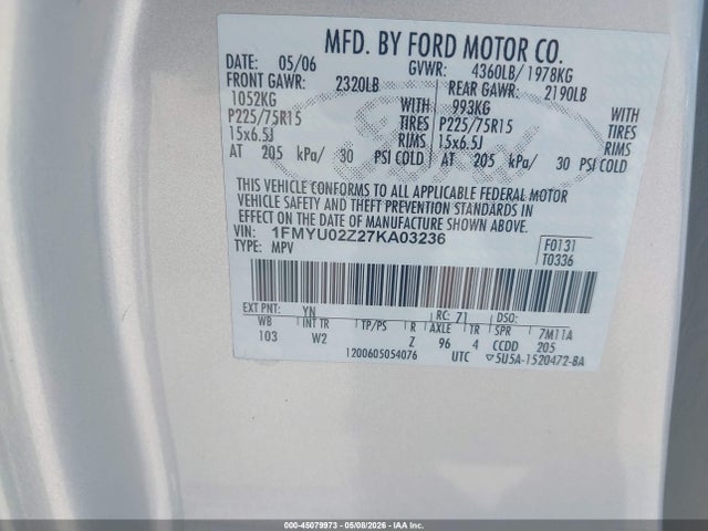 Aukcja sprzedaży 2007 Ford Escape Xls/xls Manual, vin: 1FMYU02Z27KA03236, numer aukcji: 45079973