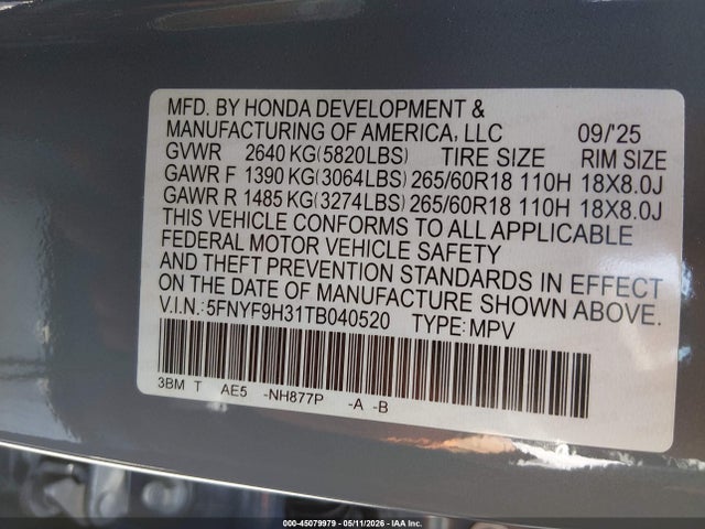 5FNYF9H31TB040520 Honda Passport Awd Rtl/awd Rtl Blackout/awd Rtl Towing