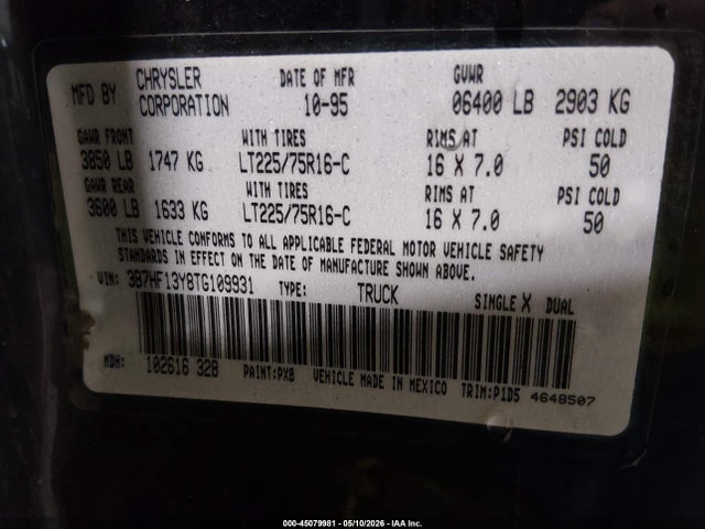 Продажа на аукционе авто 1996 Dodge Ram 1500, vin: 3B7HF13Y8TG109931, номер лота: 45079981