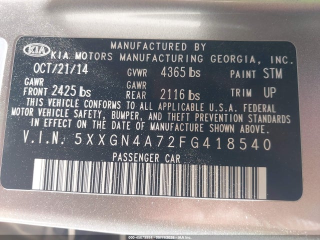 Auction sale of the 2015 Kia Optima Ex, vin: 5XXGN4A72FG418540, lot number: 45079984