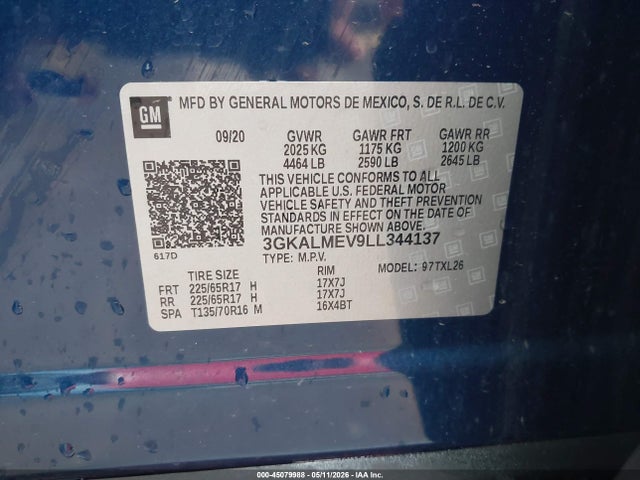 Aukcja sprzedaży 2020 Gmc Terrain Fwd Sle, vin: 3GKALMEV9LL344137, numer aukcji: 45079988