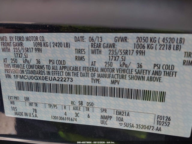 45079998 :رقم المزاد ، 1FMCU0GX0EUA22273 vin ، 2014 Ford Escape Se مزاد بيع