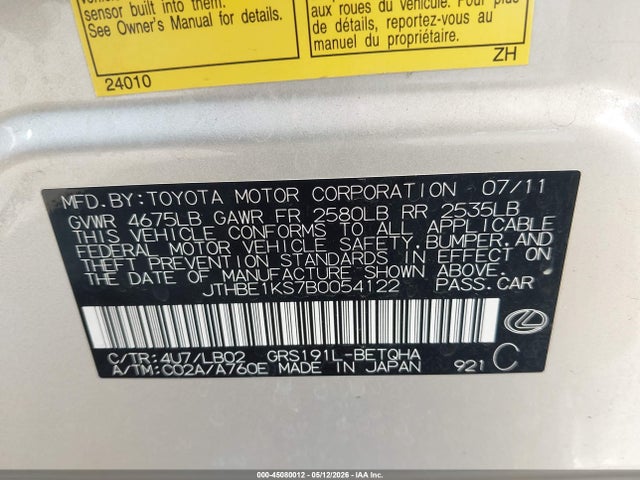 Aukcja sprzedaży 2011 Lexus Gs 350, vin: JTHBE1KS7B0054122, numer aukcji: 45080012