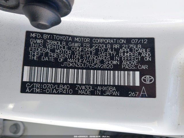 Aukcja sprzedaży 2012 Toyota Prius Four, vin: JTDKN3DU7C5492820, numer aukcji: 45080025