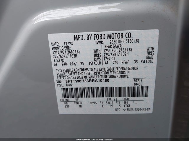 Auction sale of the 2024 Ford Maverick Xlt, vin: 3FTTW8H33RRA10480, lot number: 45080031