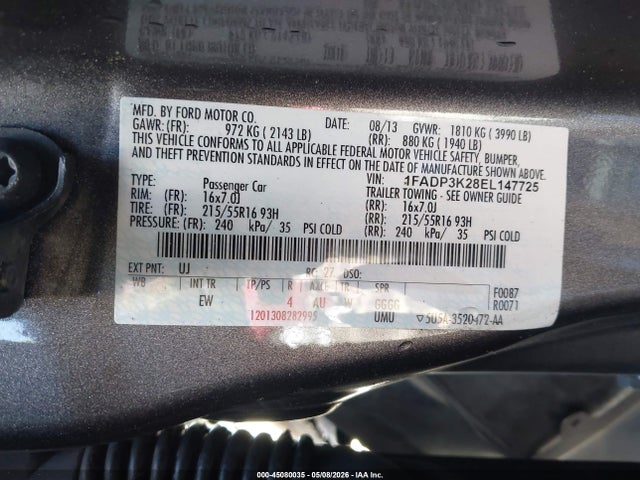 45080035 :رقم المزاد ، 1FADP3K28EL147725 vin ، 2014 Ford Focus Se مزاد بيع