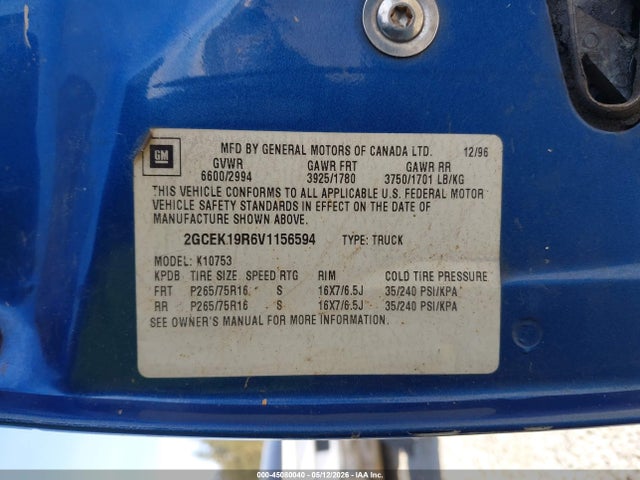 1997 Chevrolet K1500 Fleetside მანქანა იყიდება აუქციონზე, vin: 2GCEK19R6V1156594, აუქციონის ნომერი: 45080040