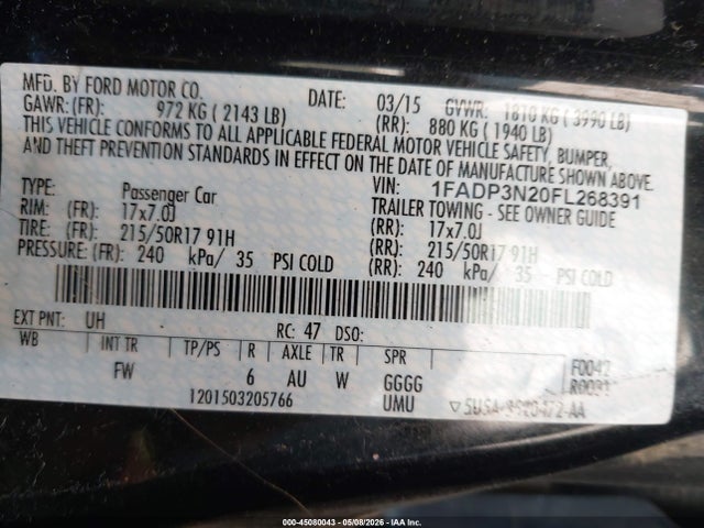 Продажа на аукционе авто 2015 Ford Focus Titanium, vin: 1FADP3N20FL268391, номер лота: 45080043