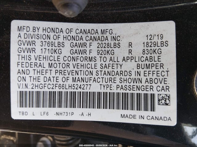 Honda Civic Lx 2020 2HGFC2F66LH524277 Image 9