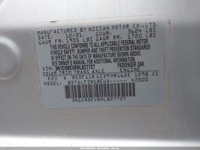 Aukcja sprzedaży 2022 Nissan Versa 1.6 Sv Xtronic Cvt, vin: 3N1CN8EV8NL827727, numer aukcji: 45080046