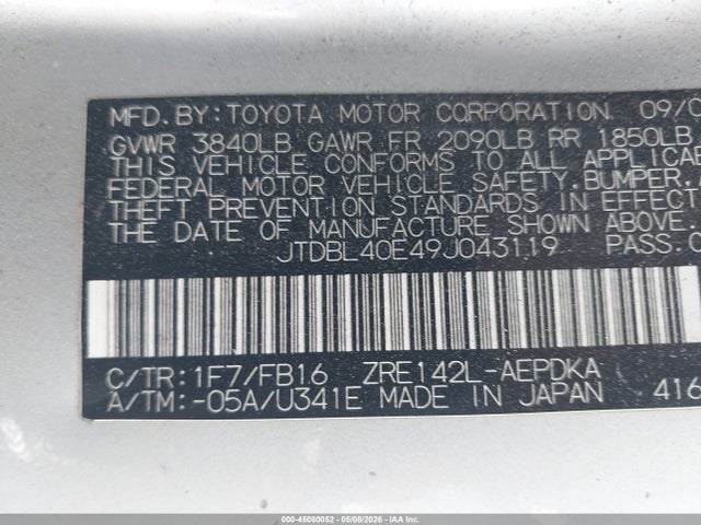 45080052 :رقم المزاد ، JTDBL40E49J043119 vin ، 2009 Toyota Corolla Le مزاد بيع