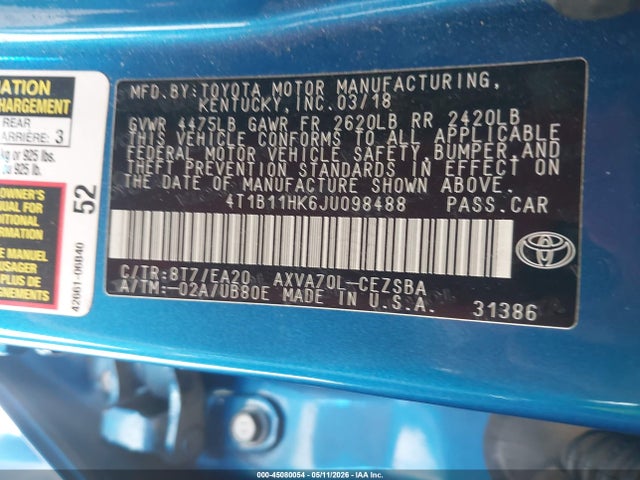 4T1B11HK6JU098488 Toyota CAMRY SE