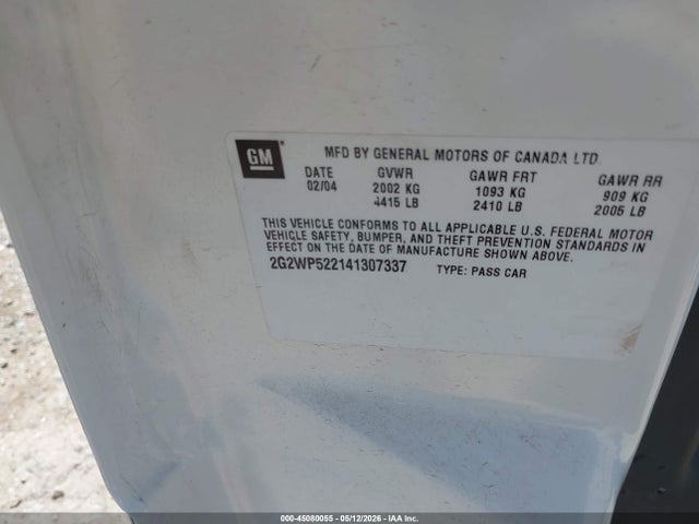 2004 Pontiac Grand Prix Gt1 მანქანა იყიდება აუქციონზე, vin: 2G2WP522141307337, აუქციონის ნომერი: 45080055