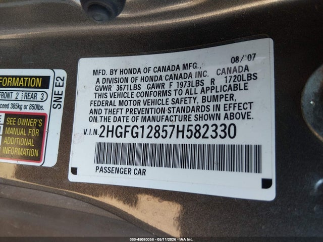 Aukcja sprzedaży 2007 Honda Civic Ex, vin: 2HGFG12857H582330, numer aukcji: 45080058