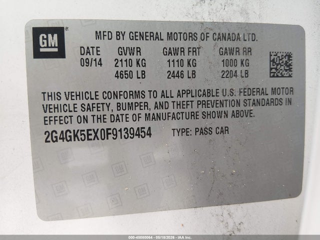 2015 Buick Regal Turbo მანქანა იყიდება აუქციონზე, vin: 2G4GK5EX0F9139454, აუქციონის ნომერი: 45080064