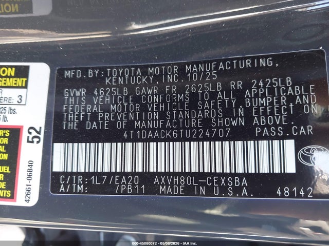 Auction sale of the 2026 Toyota Camry Se, vin: 4T1DAACK6TU224707, lot number: 45080072