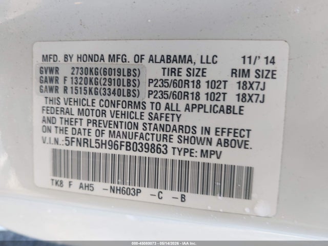 Aukcja sprzedaży 2015 Honda Odyssey Touring/touring Elite, vin: 5FNRL5H96FB039863, numer aukcji: 45080073