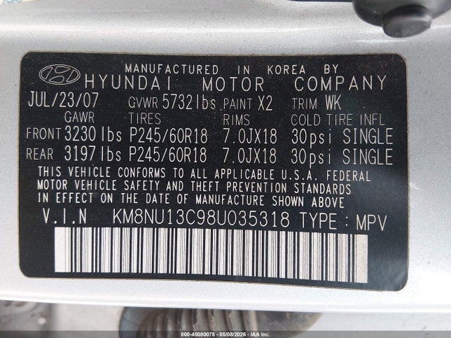 Aukcja sprzedaży 2008 Hyundai Veracruz Gls/limited/se, vin: KM8NU13C98U035318, numer aukcji: 45080078