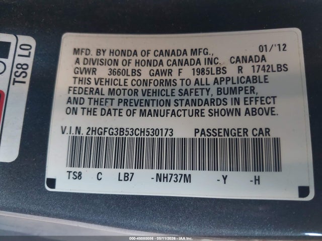 45080086 :رقم المزاد ، 2HGFG3B53CH530173 vin ، 2012 Honda Civic Lx مزاد بيع