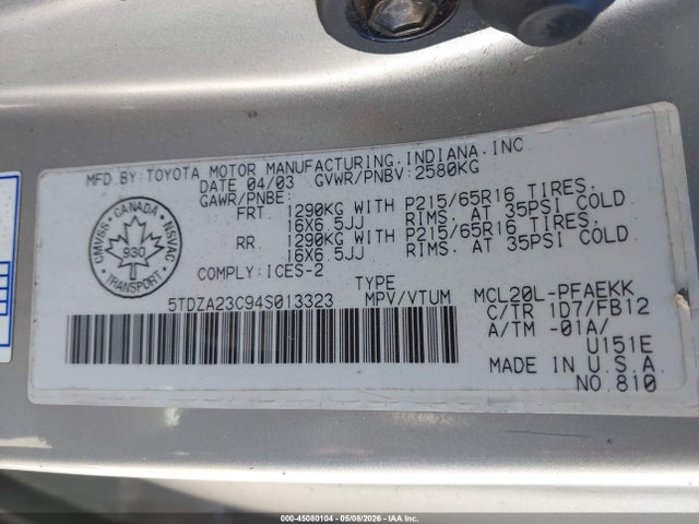 Aukcja sprzedaży 2004 Toyota Sienna Ce/le, vin: 5TDZA23C94S013323, numer aukcji: 45080104