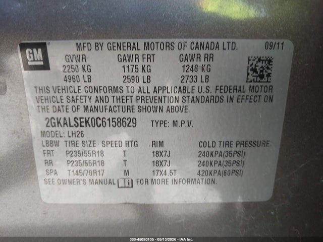 Продажа на аукционе авто 2012 Gmc Terrain Sle-2, vin: 2GKALSEK0C6158629, номер лота: 45080105