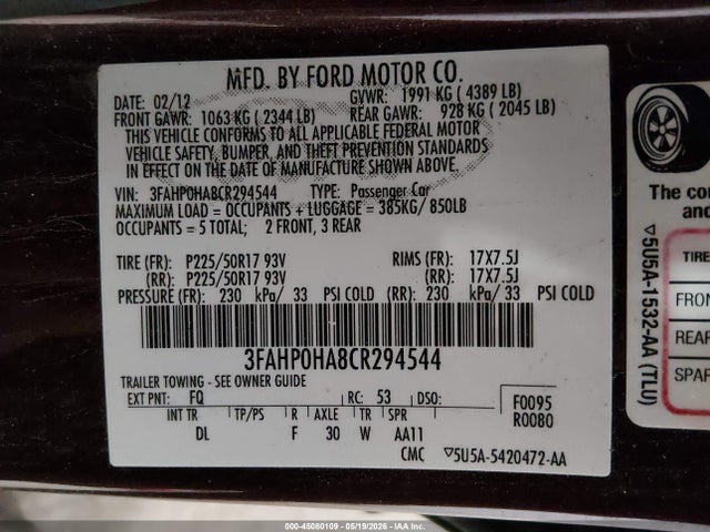 Продаж на аукціоні авто 2012 Ford Fusion Se, vin: 3FAHP0HA8CR294544, номер лоту: 45080109