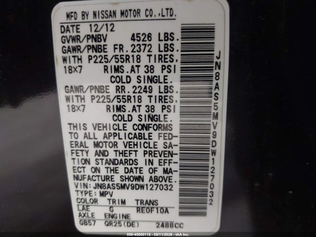 Aukcja sprzedaży 2013 Nissan Rogue Sv W/sl Pkg, vin: JN8AS5MV9DW127032, numer aukcji: 45080115
