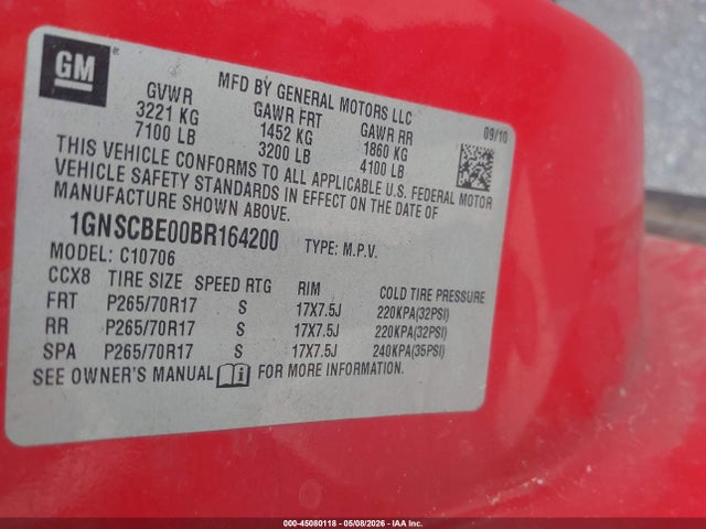 2011 Chevrolet Tahoe Lt მანქანა იყიდება აუქციონზე, vin: 1GNSCBE00BR164200, აუქციონის ნომერი: 45080118