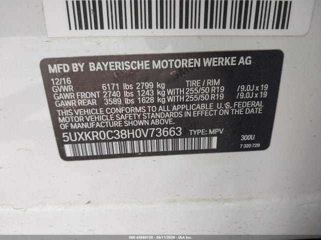 45080120 :رقم المزاد ، 5UXKR0C38H0V73663 vin ، 2017 Bmw X5 Xdrive35i مزاد بيع