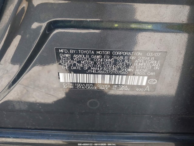 Aukcja sprzedaży 2007 Lexus Es 350, vin: JTHBJ46G372107560, numer aukcji: 45080122