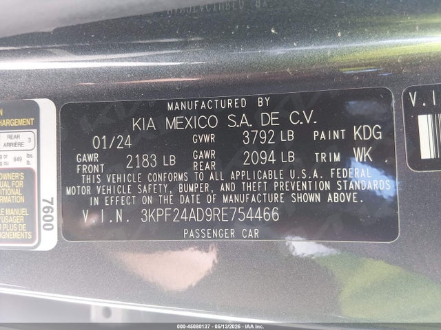 Aukcja sprzedaży 2024 Kia Forte Lx, vin: 3KPF24AD9RE754466, numer aukcji: 45080137