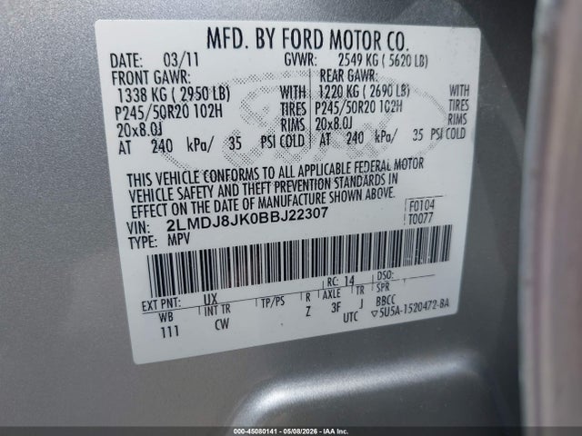 45080141 :رقم المزاد ، 2LMDJ8JK0BBJ22307 vin ، 2011 Lincoln Mkx مزاد بيع