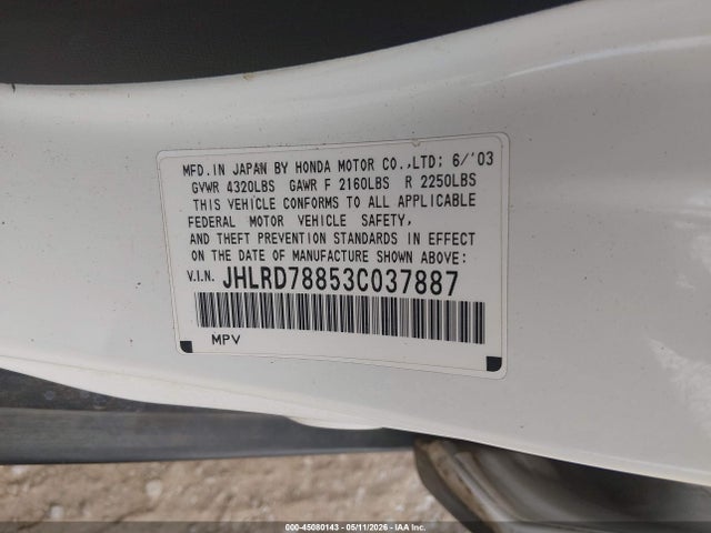Продаж на аукціоні авто 2003 Honda Cr-v Ex, vin: JHLRD78853C037887, номер лоту: 45080143