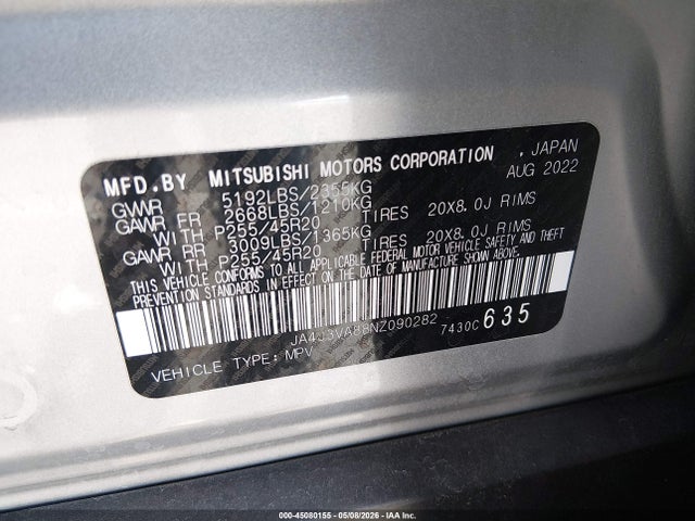 Aukcja sprzedaży 2022 Mitsubishi Outlander Sel Special Edition 2wd, vin: JA4J3VA88NZ090282, numer aukcji: 45080155