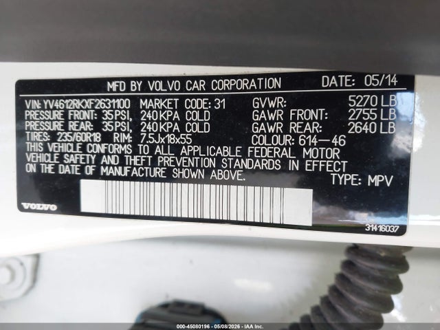 45080196 :رقم المزاد ، YV4612RKXF2631100 vin ، 2015 Volvo Xc60 T5/t5 Premier مزاد بيع