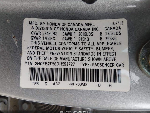 45080207 :رقم المزاد ، 2HGFB2F56DH593787 vin ، 2013 Honda Civic Lx مزاد بيع