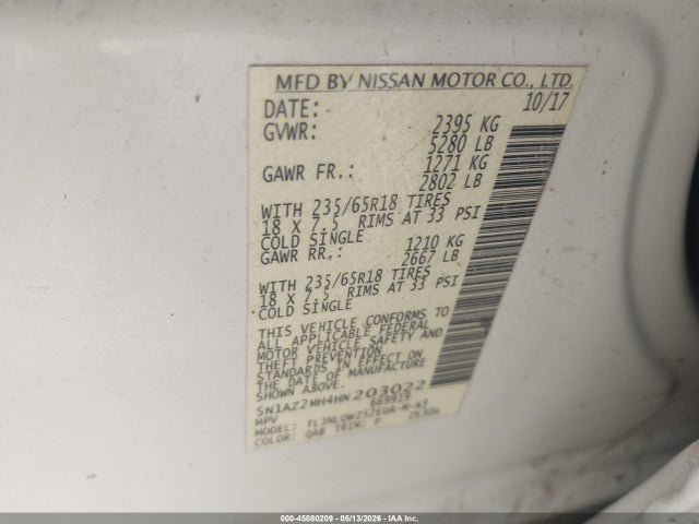 Aukcja sprzedaży 2017 Nissan Murano Sv, vin: 5N1AZ2MH4HN203022, numer aukcji: 45080209