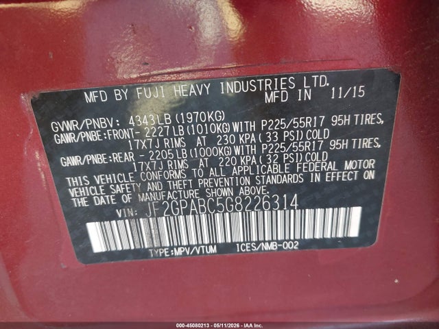 JF2GPABC5G8226314 Subaru Crosstrek 2.0i Premium