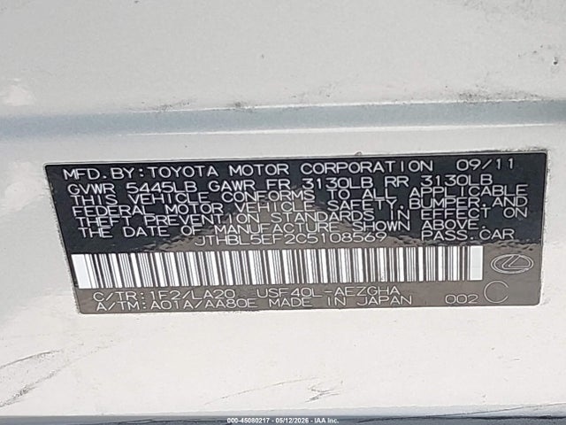 Aukcja sprzedaży 2012 Lexus Ls 460, vin: JTHBL5EF2C5108569, numer aukcji: 45080217