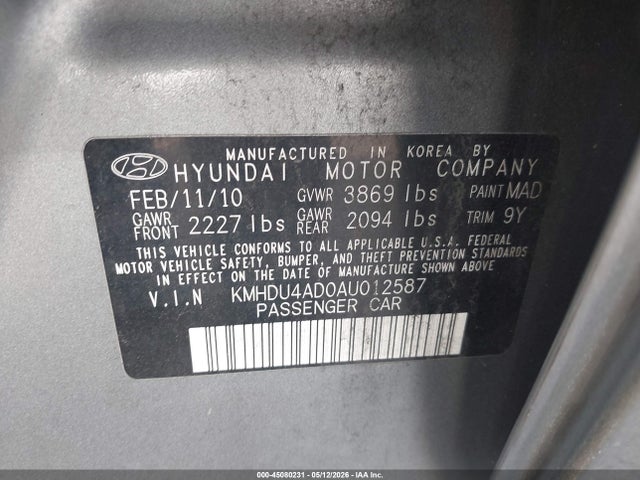 Aukcja sprzedaży 2010 Hyundai Elantra Gls, vin: KMHDU4AD0AU012587, numer aukcji: 45080231