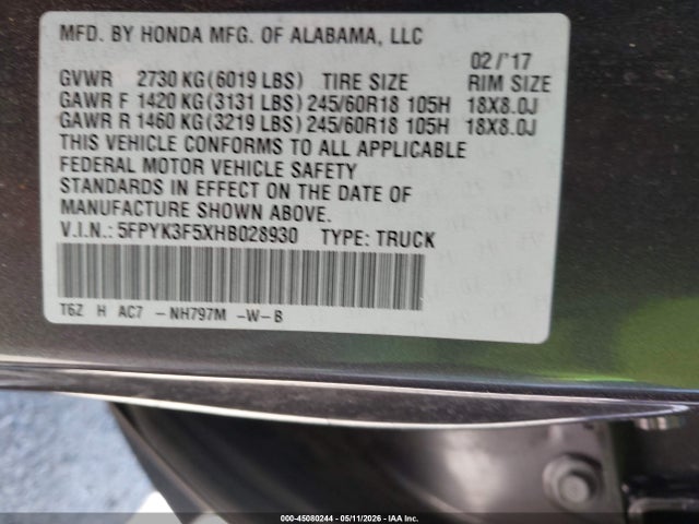 Honda Ridgeline Rtl 2017 5FPYK3F5XHB028930 Image 9
