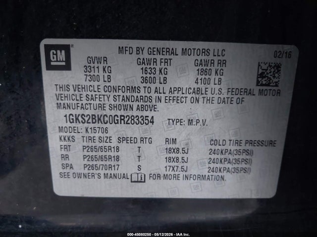 45080250 :رقم المزاد ، 1GKS2BKC0GR283354 vin ، 2016 Gmc Yukon Slt مزاد بيع