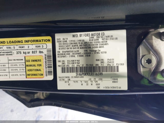 Продаж на аукціоні авто 2020 Ford Fusion Titanium, vin: 3FA6P0K92LR116599, номер лоту: 45080259