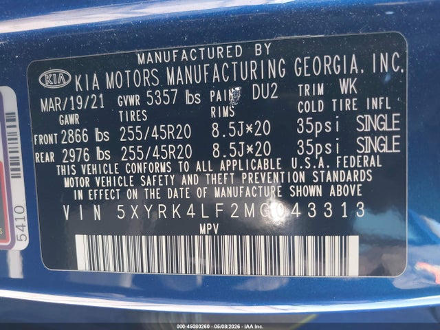 Aukcja sprzedaży 2021 Kia Sorento Sx Prestige, vin: 5XYRK4LF2MG043313, numer aukcji: 45080260