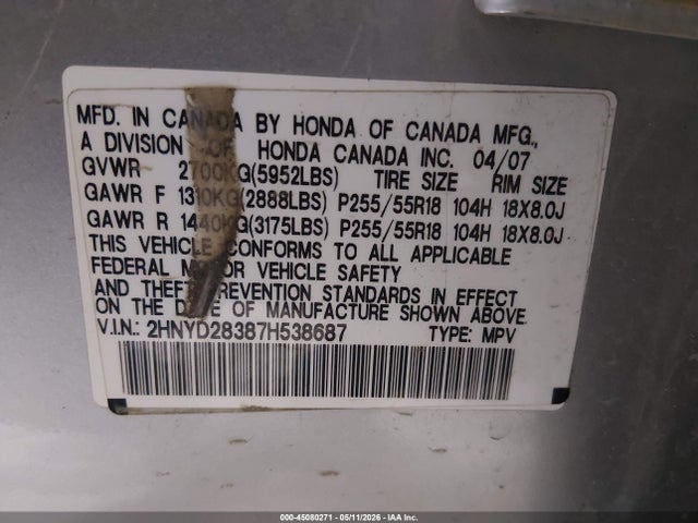 Продажа на аукционе авто 2007 Acura Mdx Technology Package, vin: 2HNYD28387H538687, номер лота: 45080271