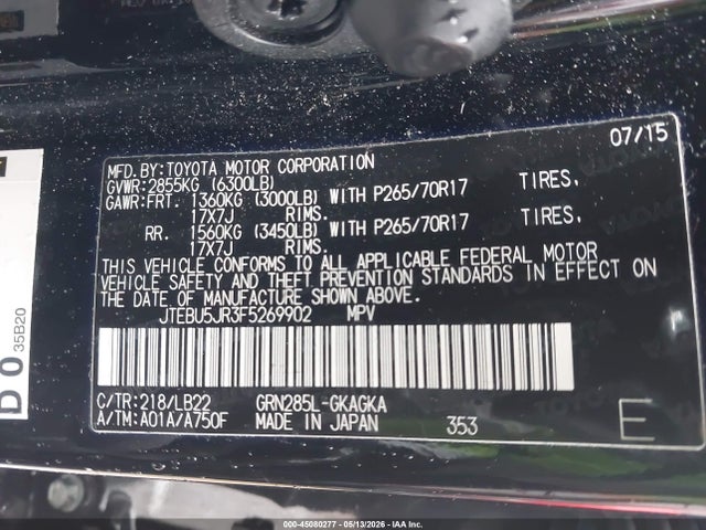 JTEBU5JR3F5269902 Toyota 4runner Sr5 Premium