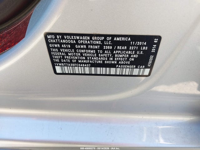 2015 Volkswagen Passat 1.8t Se მანქანა იყიდება აუქციონზე, vin: 1VWBT7A35FC048437, აუქციონის ნომერი: 45080278
